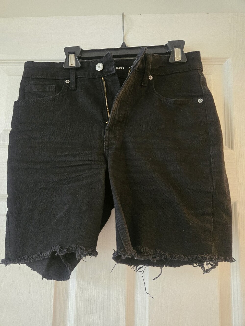 Old Navy Black High Rise O.G. Straight Denim Shorts, Distressed Hems, Size 2